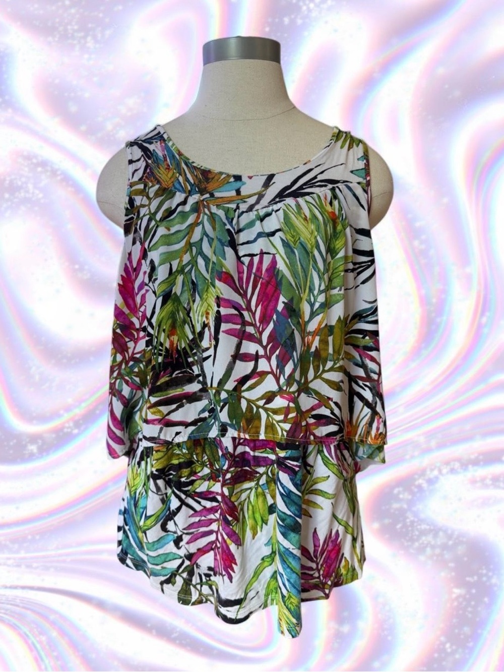 Cupio White Tropical Leaf Layered Tank Top with Green & Magenta